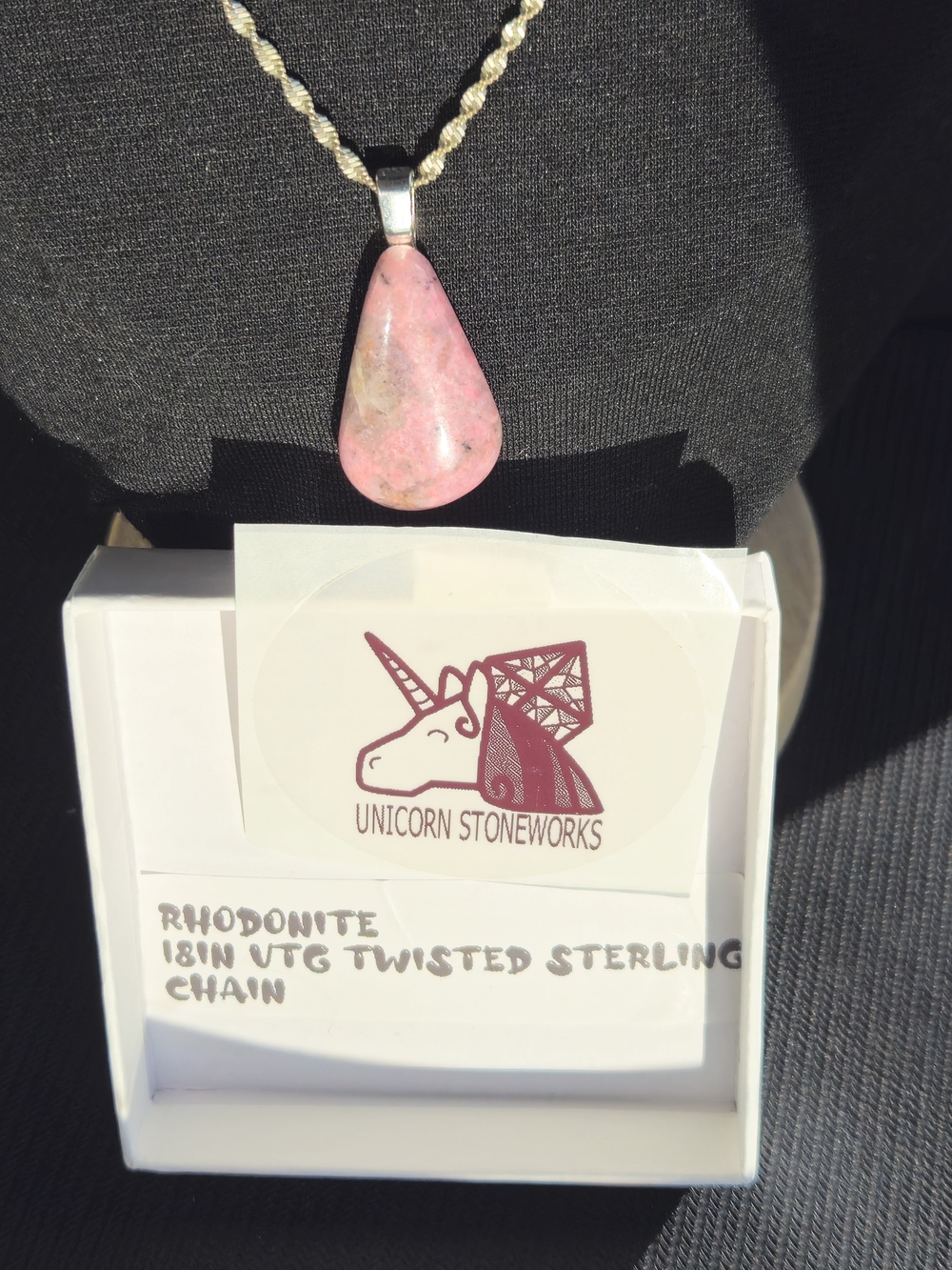 Pink Rhodonite Teardrop Necklace on Twisted Silver Chain